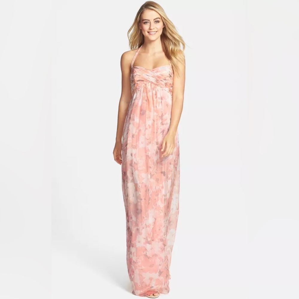 NWT Amsale Silk Chiffon Blush Pink Floral Maxi Dress Halter Backless Size 4